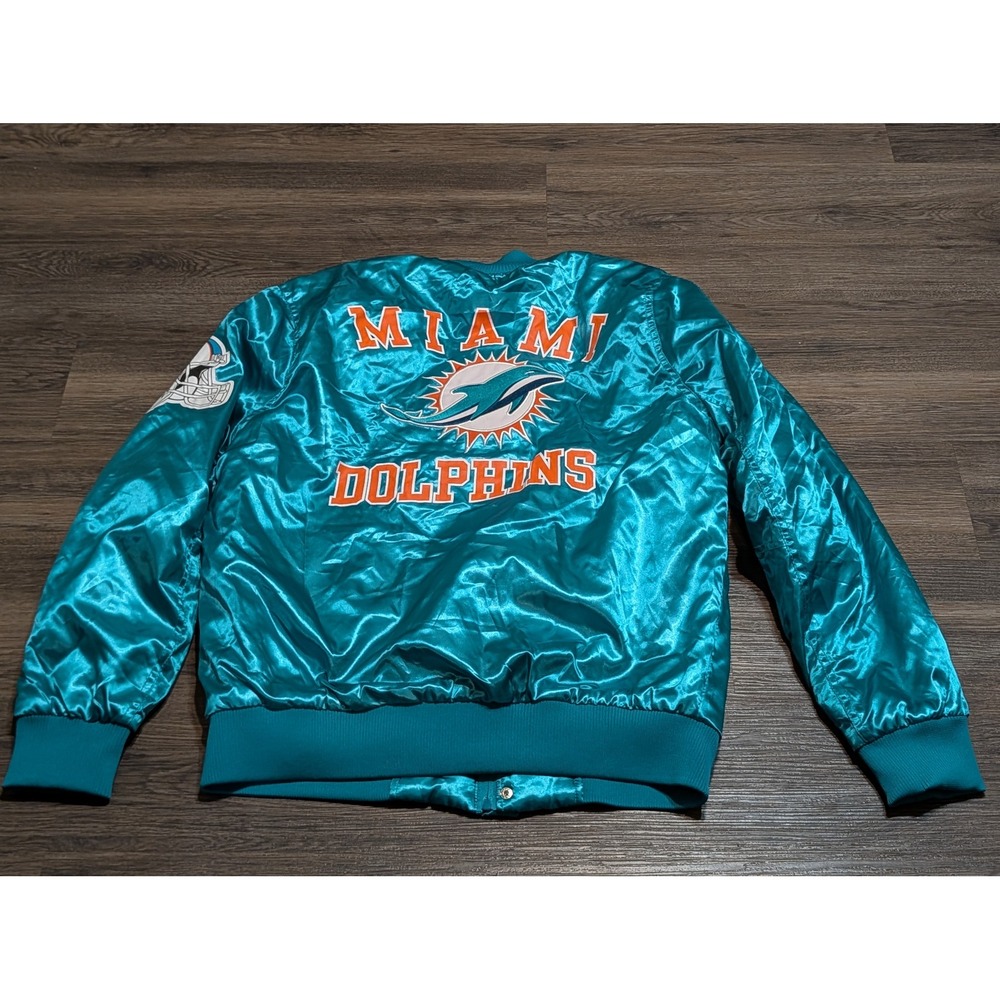 NFL Team Apparel Miami Dolphins Satin Bomber Jacket Aqua Teal Mens Medium